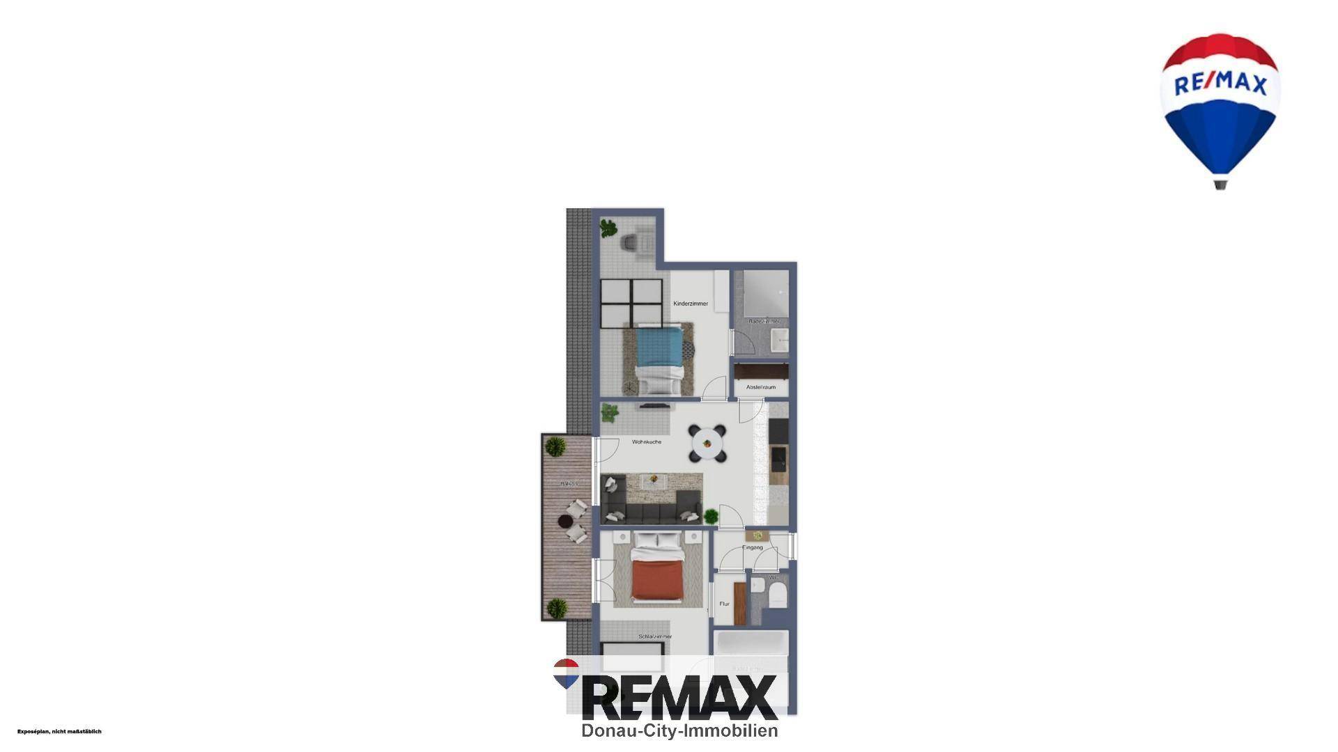 Detaillierter Grundriss einer Wohnung mit zwei Schlafzimmern und Balkon.