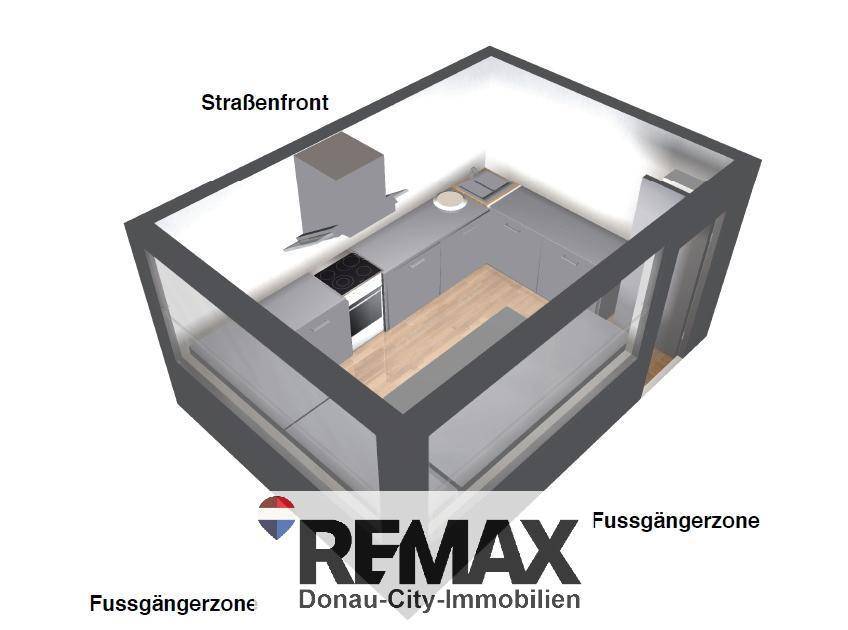 3D-Grundrissvisualisierung eines kleinen Gewerberaums mit Küchenzeile und Sitzgelegenheiten zur Straße hin.