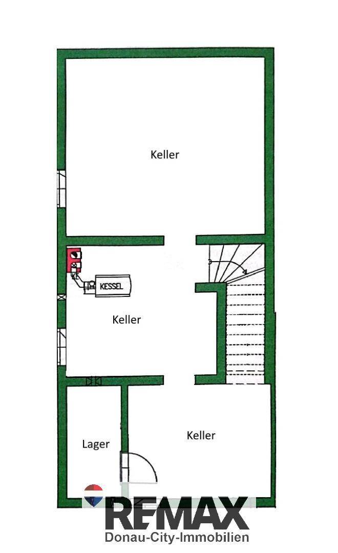 Grundriss des Kellergeschosses mit mehreren Kellerräumen, Lager und Heizungsraum.