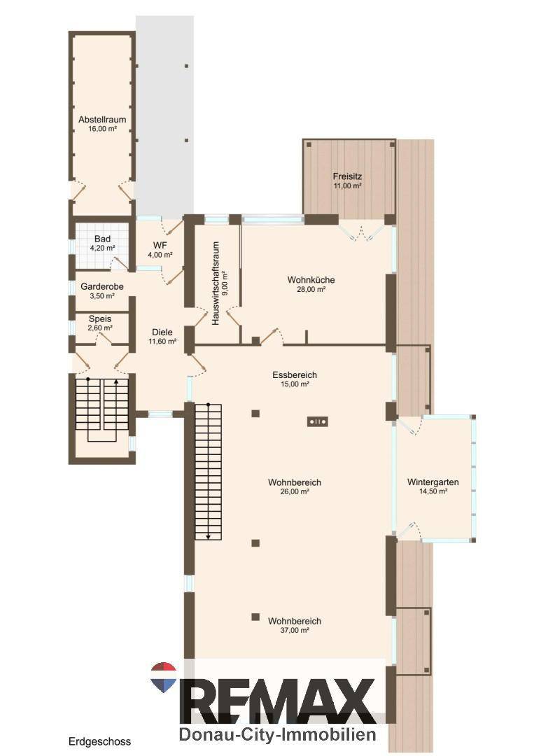 Grundriss des Erdgeschosses mit offener Wohnküche, Essbereich, Wintergarten und direktem Zugang zur Terrasse.