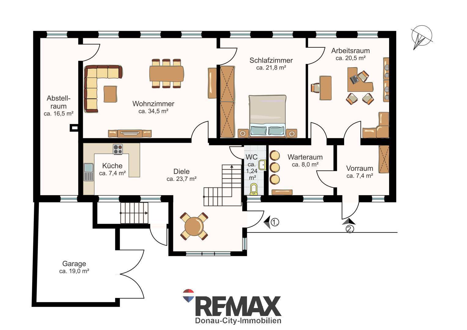 Grundriss des Erdgeschosses mit Wohnzimmer, Küche, Schlafzimmer und Garage.