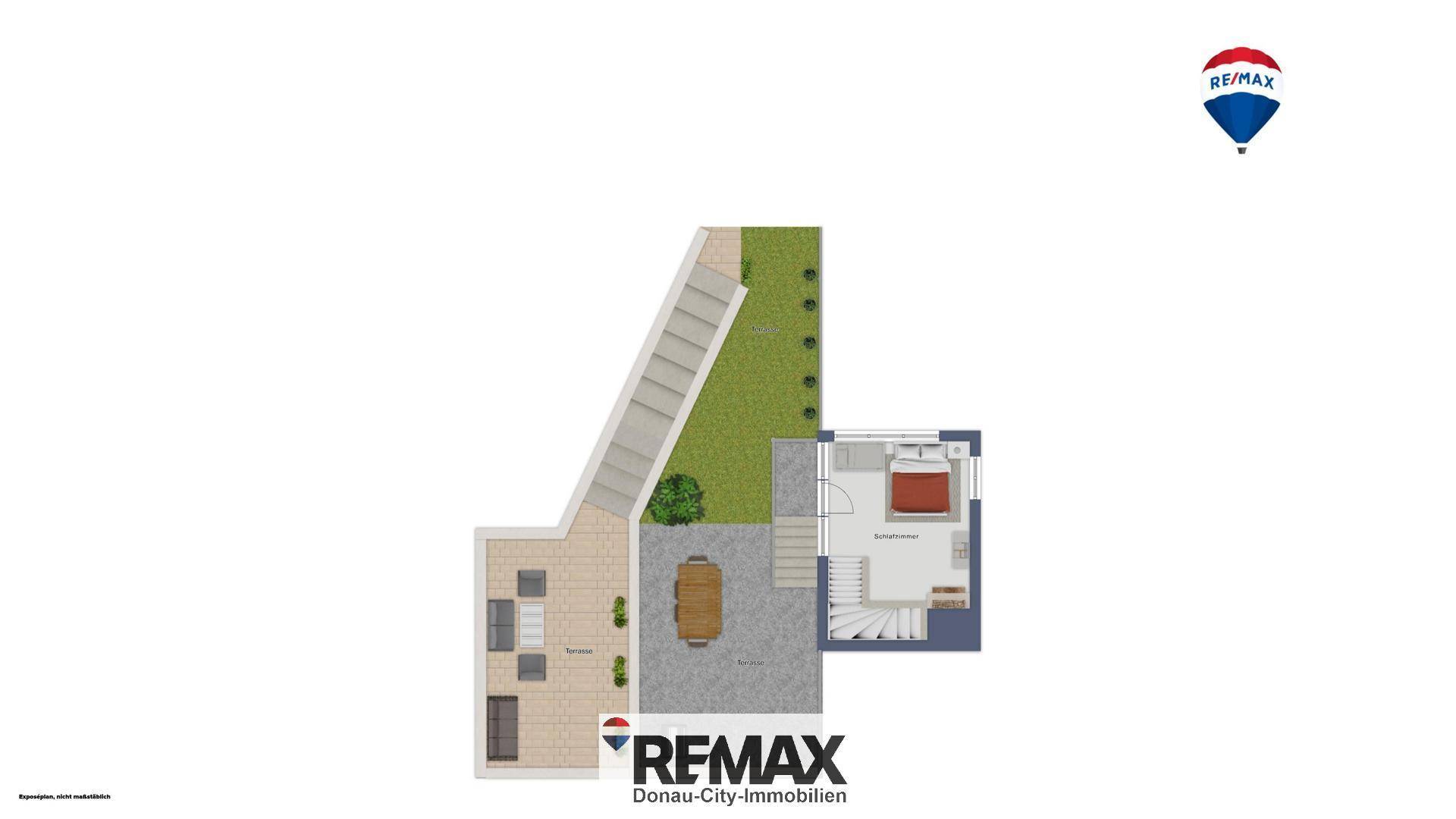 Grundriss des Außenbereichs mit Garten, Terrasse und Parkplatz.
