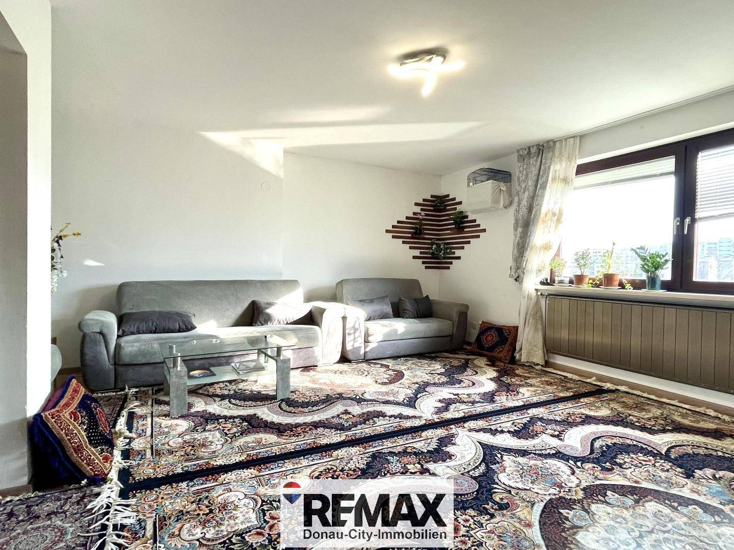Gemütliches Wohnzimmer mit zwei Sofas, einem Couchtisch und einem großen, gemusterten Teppich.