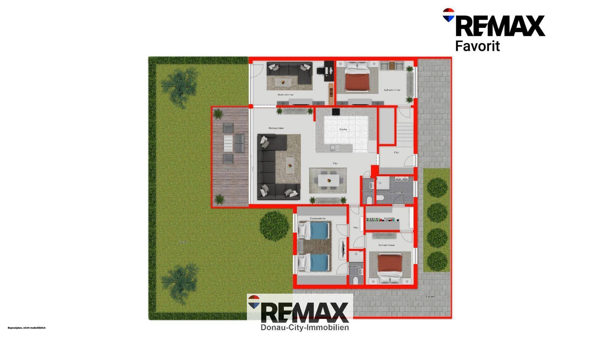 Grundriss des Erdgeschosses mit Garten, Terrasse, offenem Wohnbereich und Schlafzimmern.