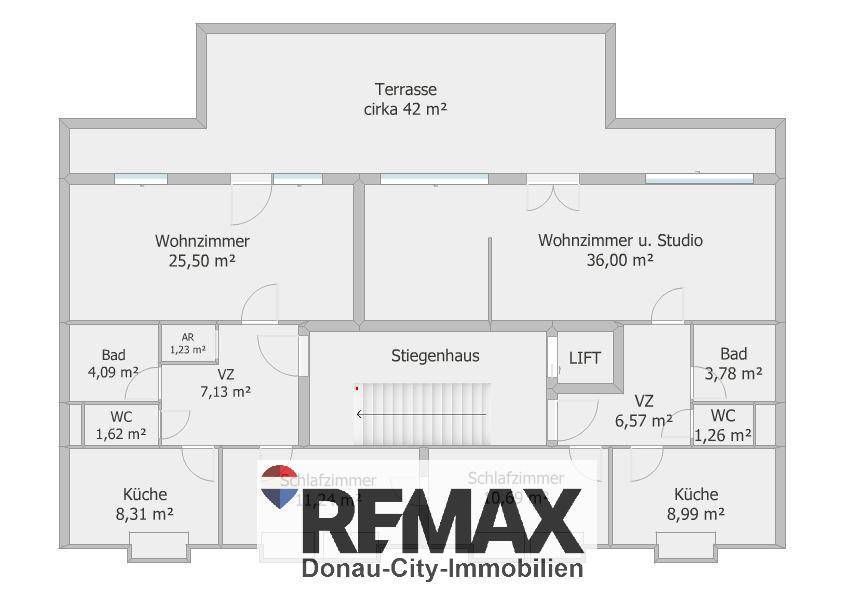 Grundriss der Wohnung mit Wohnzimmern, Bädern, Küchen und einer großen Terrasse.