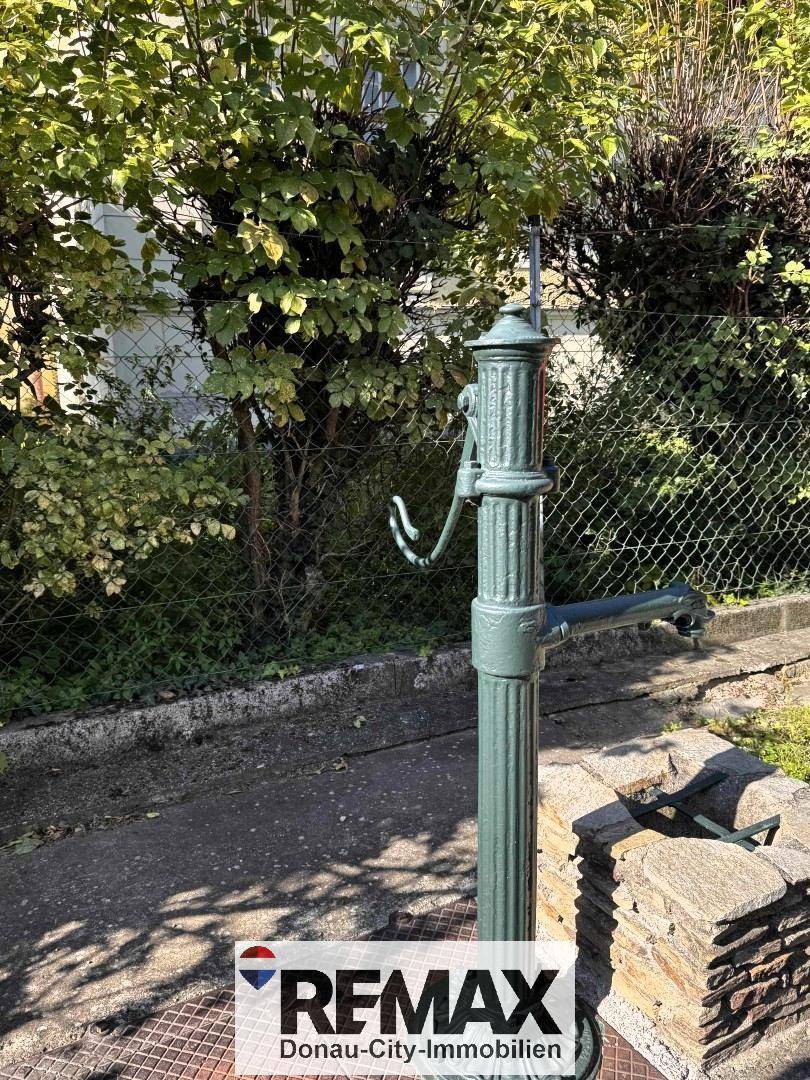Historische Wasserpumpe im Gartenbereich, umgeben von üppigem Grün und einem Zaun.