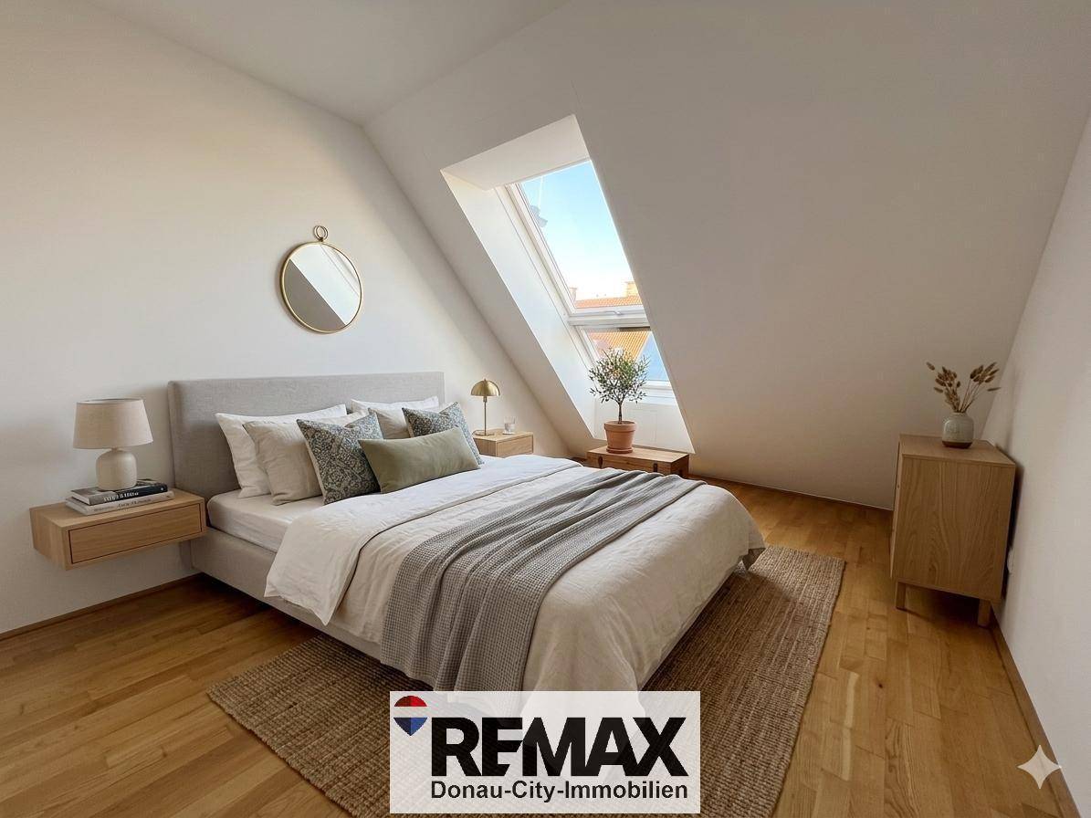 Gemütliches Schlafzimmer mit Holzboden, Dachfenster und modernem Bett, hell und einladend.
