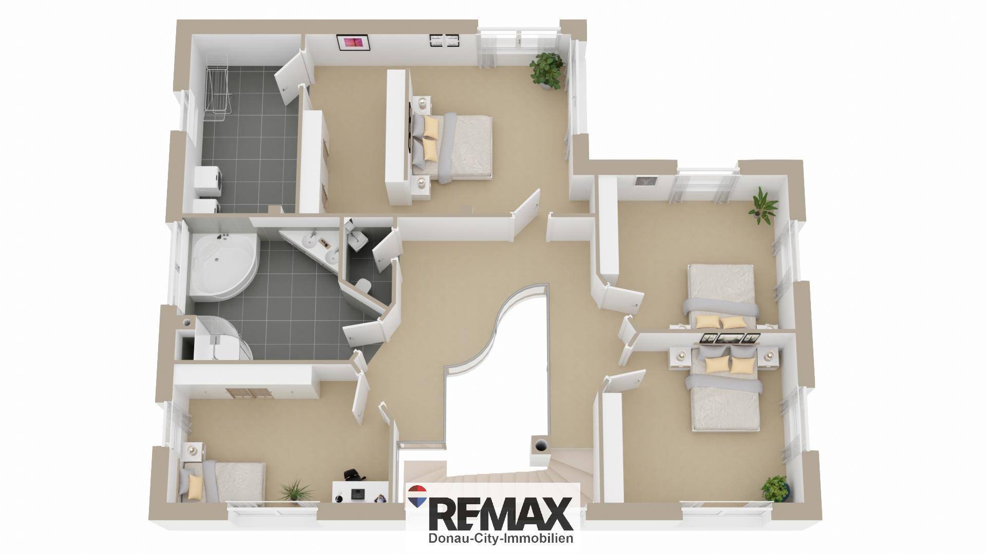 3D-Grundriss des Obergeschosses mit mehreren Schlafzimmern und zwei Badezimmern.