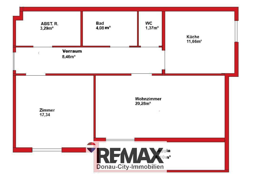 Grundriss der Wohnung mit detaillierter Raumaufteilung und Flächenangaben in Quadratmetern.