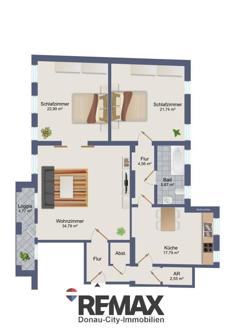 Detaillierter Grundriss einer Wohnung mit zwei Schlafzimmern, Wohnzimmer und Loggia.