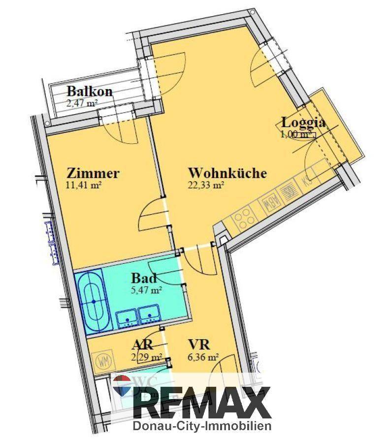 Grundriss einer Wohnung mit Balkon, Loggia und offener Wohnküche.
