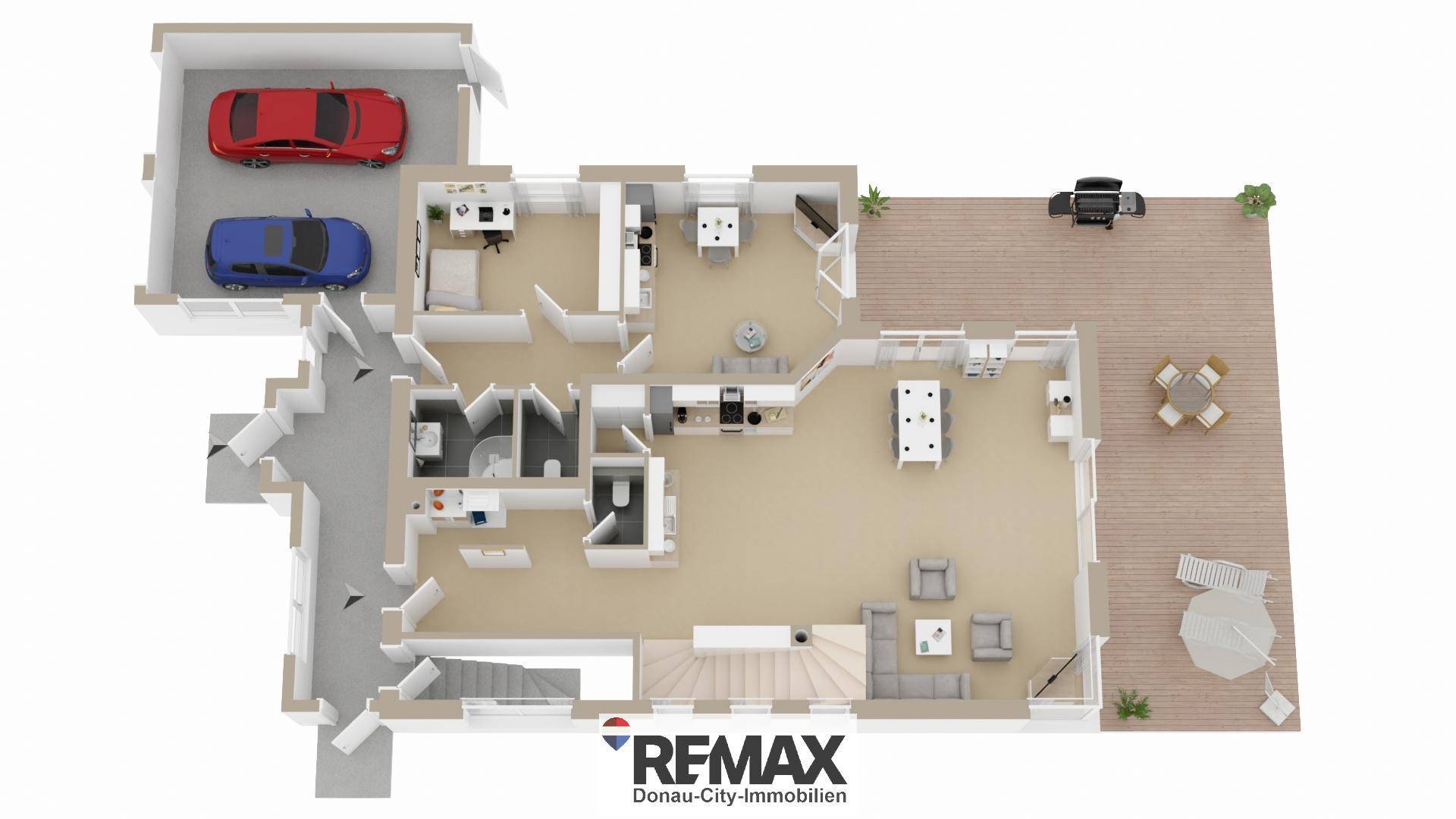 3D-Grundriss des Erdgeschosses mit offenem Wohnbereich, Küche, Büro und Doppelgarage.
