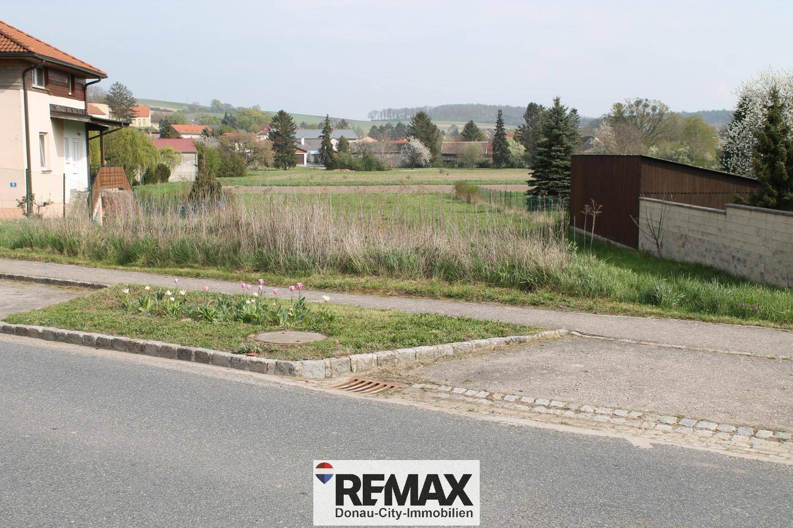 Blick auf ein unbebautes Grundstück mit angrenzender Straße und ländlicher Umgebung.