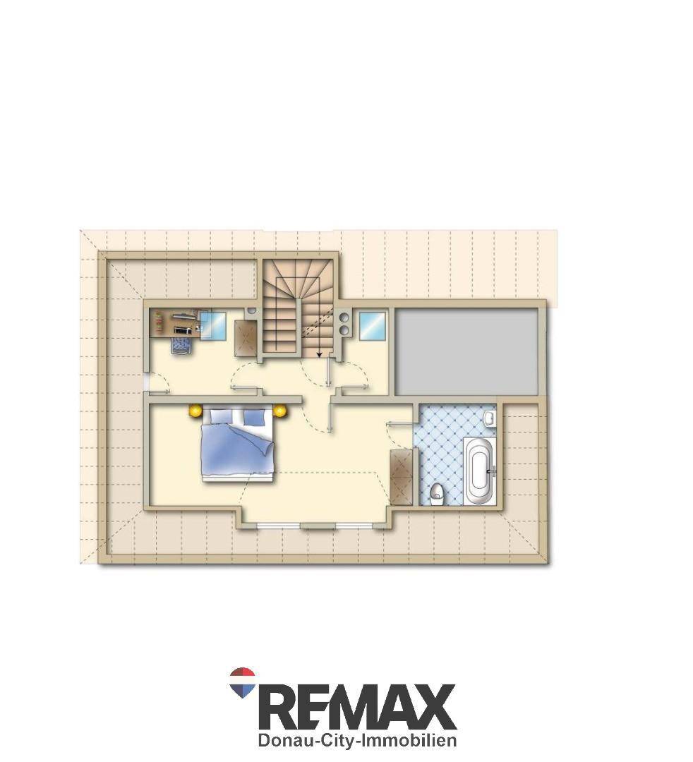 Grundriss des Dachgeschosses mit Schlafzimmer, Badezimmer und angedeuteten Dachschrägen.