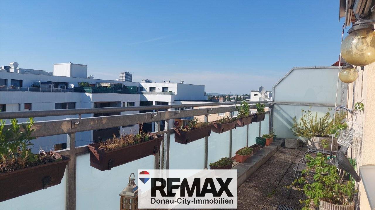 Breiter Balkon mit Stadtblick und Pflanzen, ideal für Entspannung im Freien.