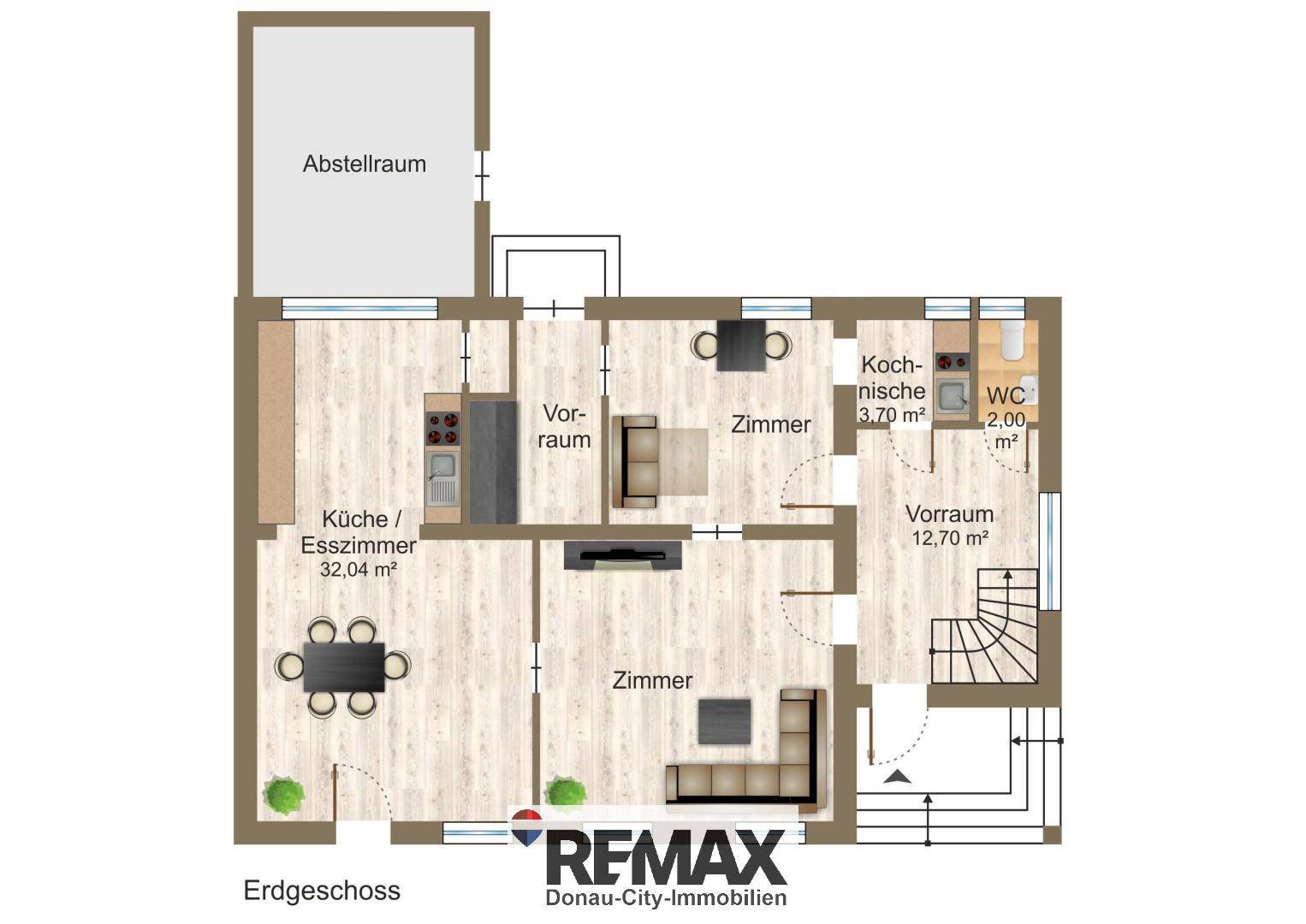 Grundriss des Erdgeschosses mit offener Küche, Esszimmer, Wohnzimmer und separatem WC.