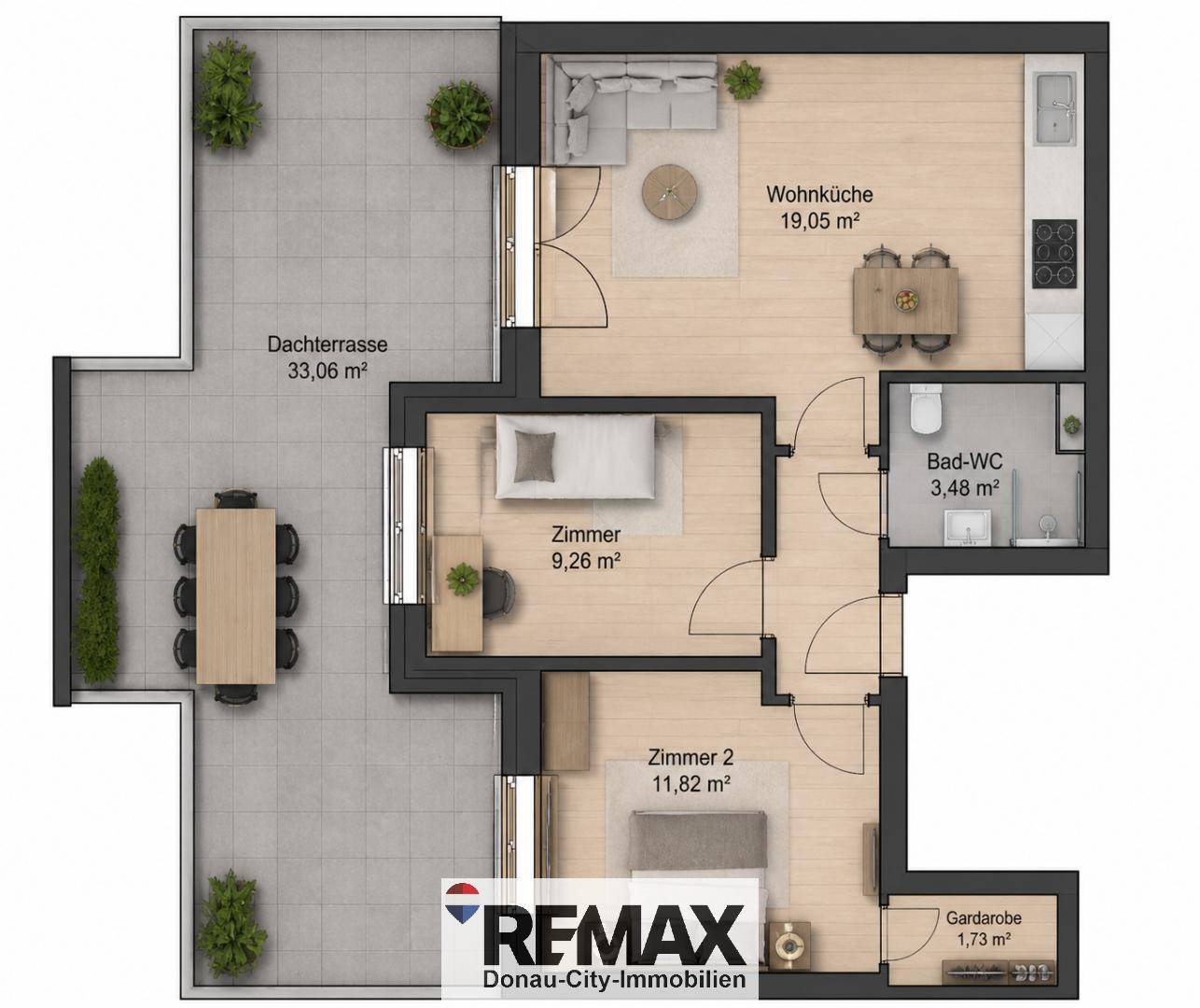 Grundriss einer Wohnung mit großer Dachterrasse, offener Wohnküche, zwei Zimmern und Bad-WC.