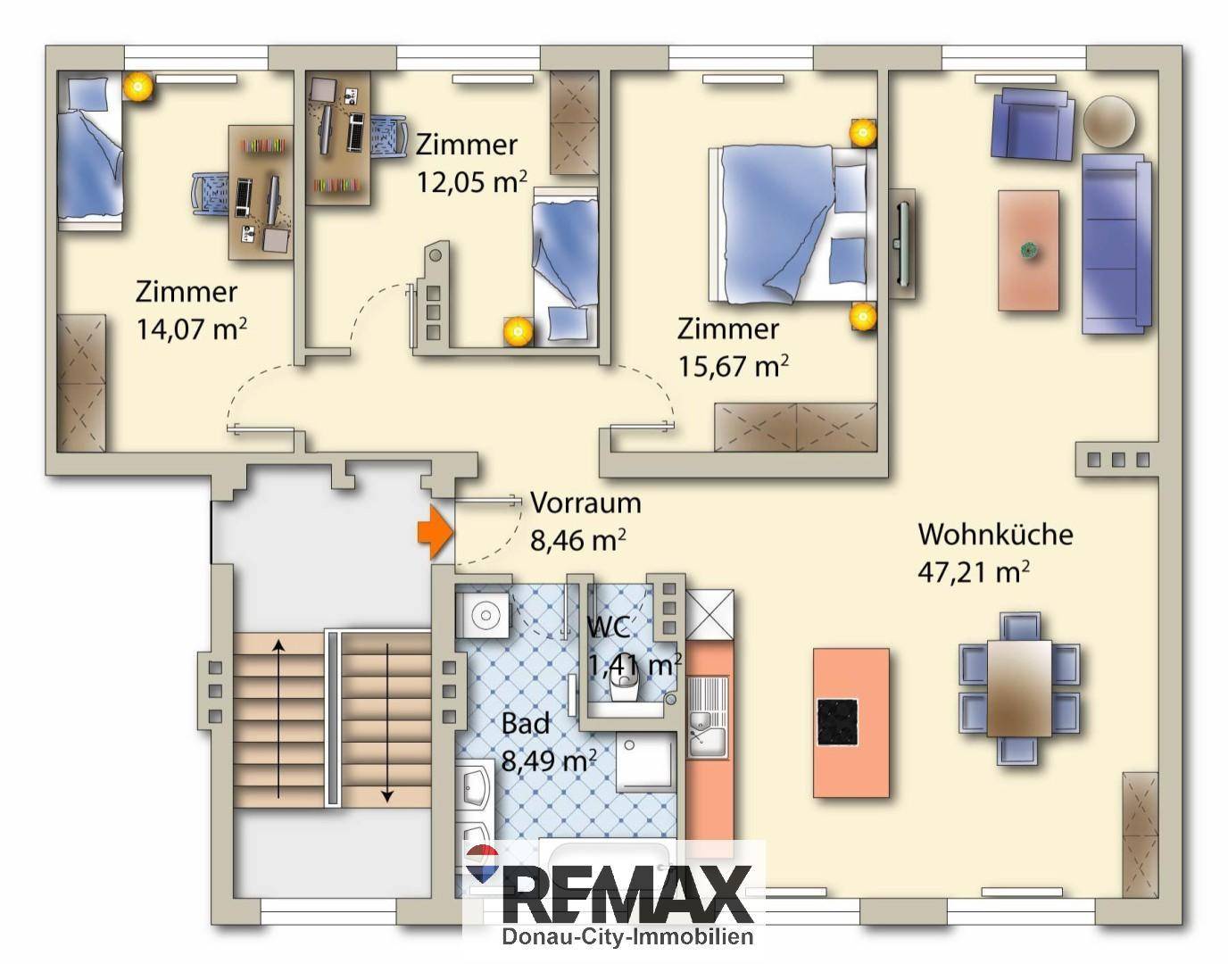 Detaillierter Grundriss der Wohnung mit drei Zimmern, Wohnküche und zwei Bädern.
