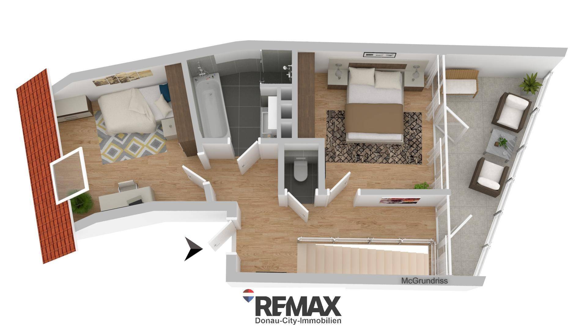 Grundriss der oberen Etage mit zwei Schlafzimmern und Badezimmer.