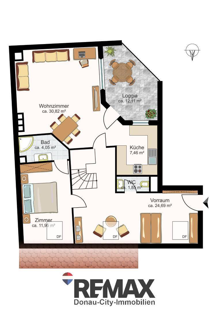 Grundriss des Hauptgeschosses mit Wohnzimmer, Loggia, Küche, WC und Schlafzimmer.