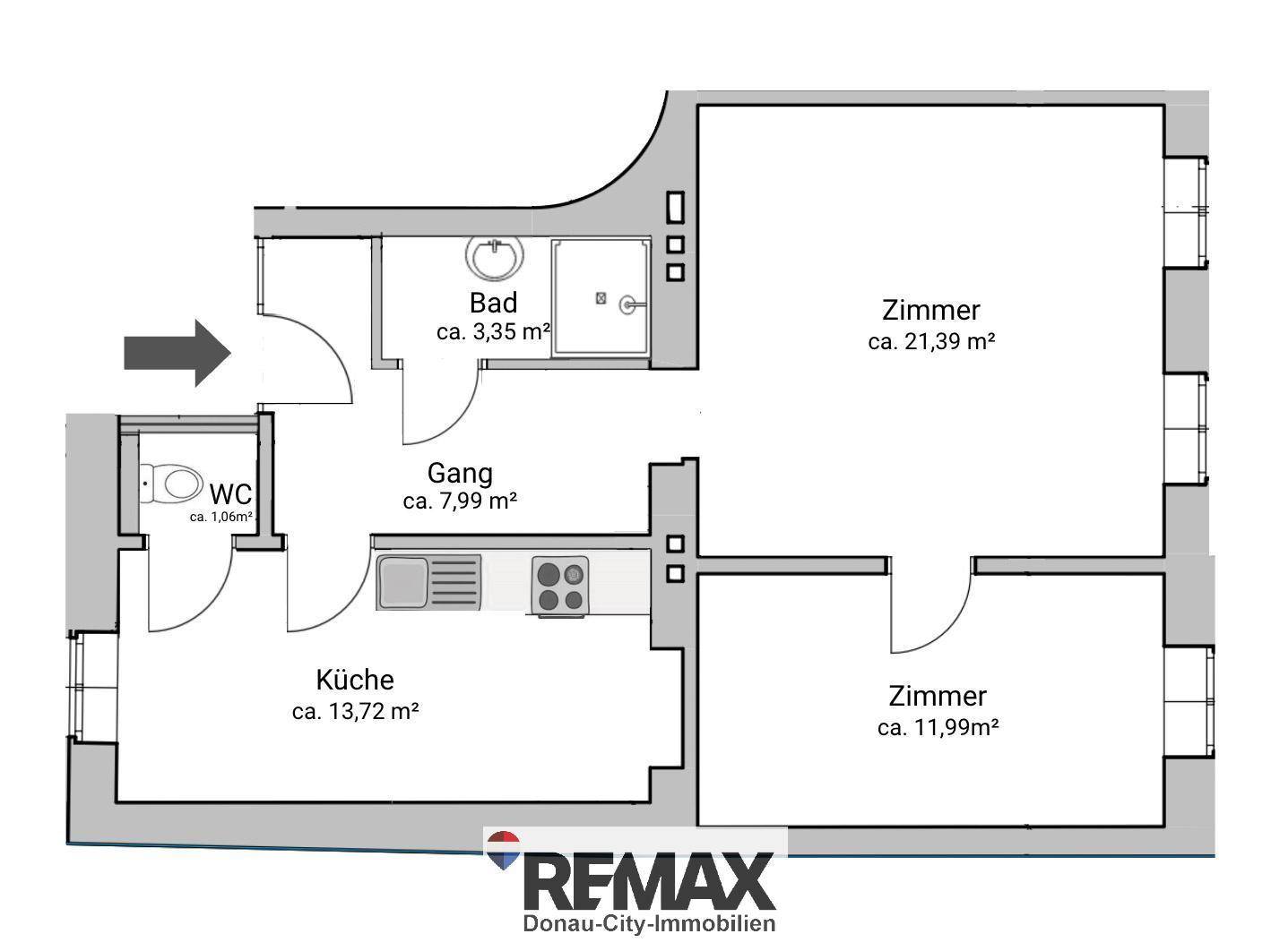 Grundriss einer Wohnung mit zwei Zimmern, Küche, Bad und separatem WC.