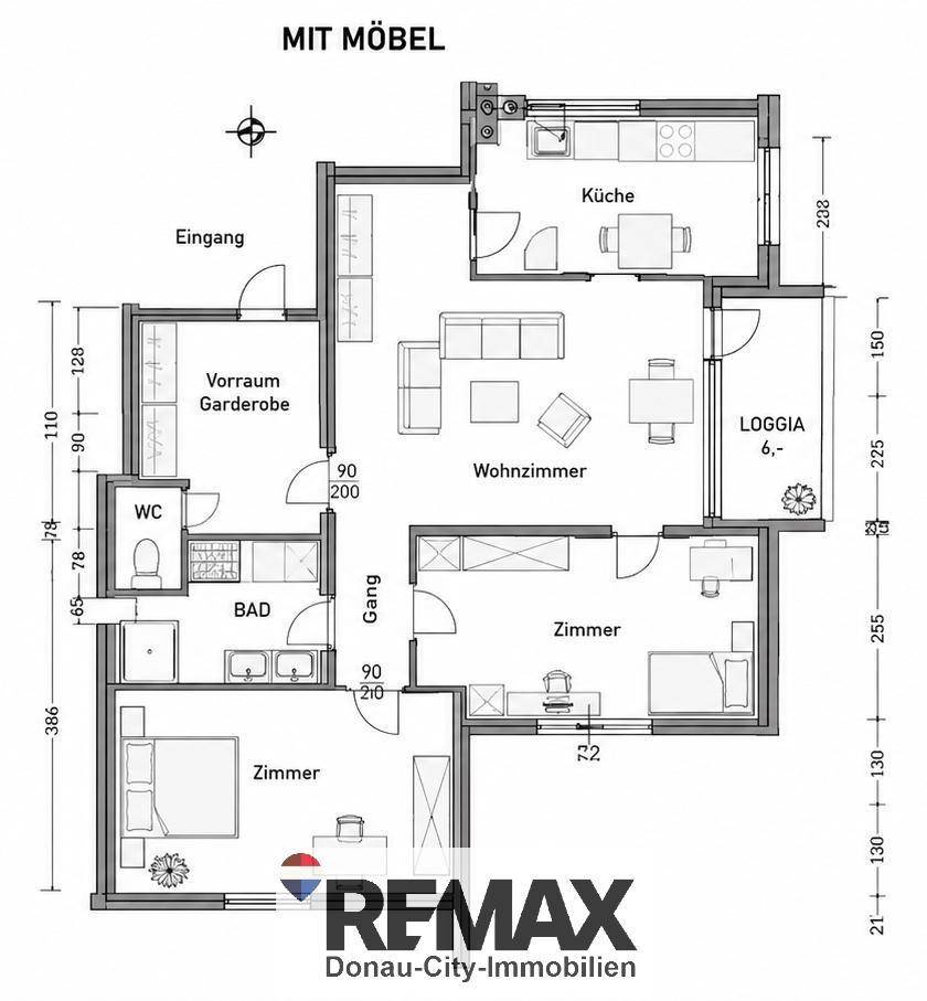Grundriss einer Wohnung mit mehreren Zimmern, Küche, Bad, WC und Loggia.