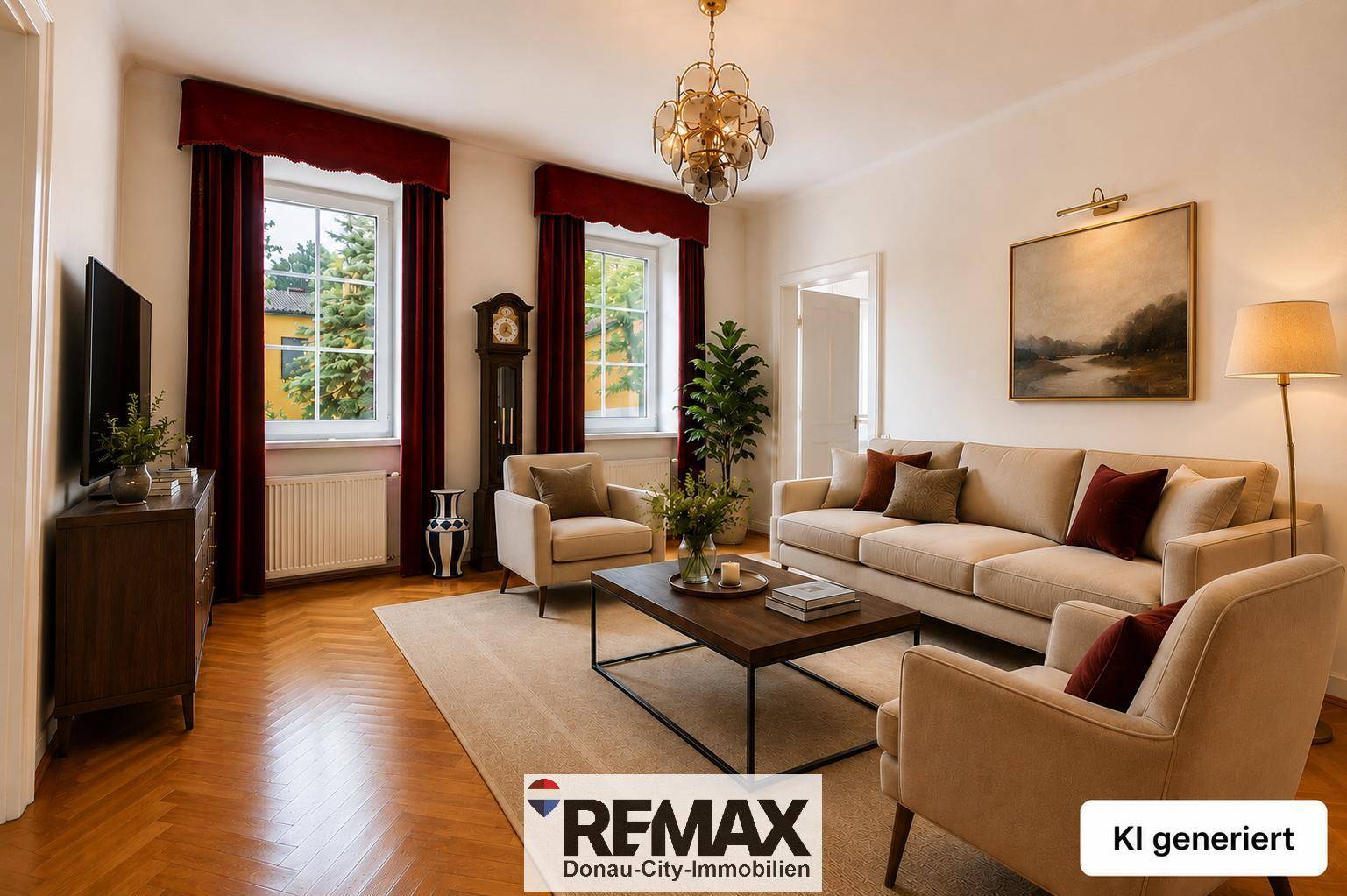 Elegantes Wohnzimmer mit beigem Sofa, Sesseln und Parkettboden, hell und einladend.