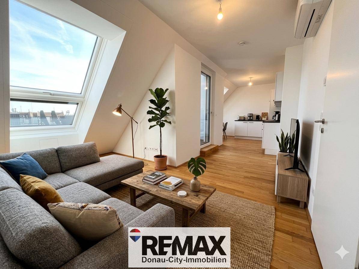 Helles Wohnzimmer mit bequemer Couch, Holzboden und Dachfenstern in einem modernen Ambiente.