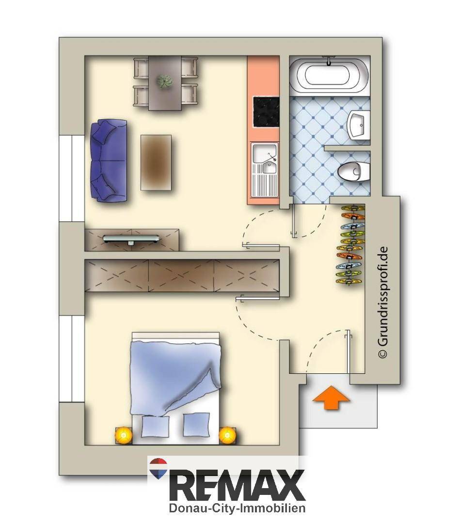 Grundriss einer Wohnung mit Schlafzimmer, Wohn-Essbereich, Küche und Bad.
