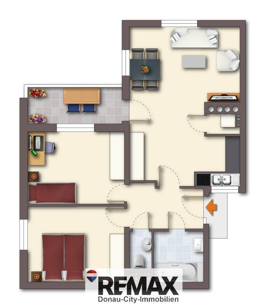 Grundriss der Wohnung mit drei Zimmern, Balkon und separater Küche.