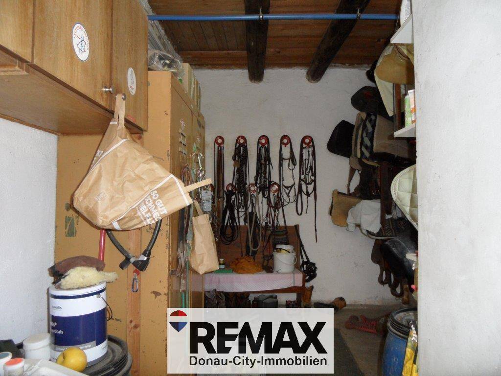 Sattelkammer oder Abstellraum mit zahlreichen Reitausrüstungsgegenständen, Holzwänden und Regalen.