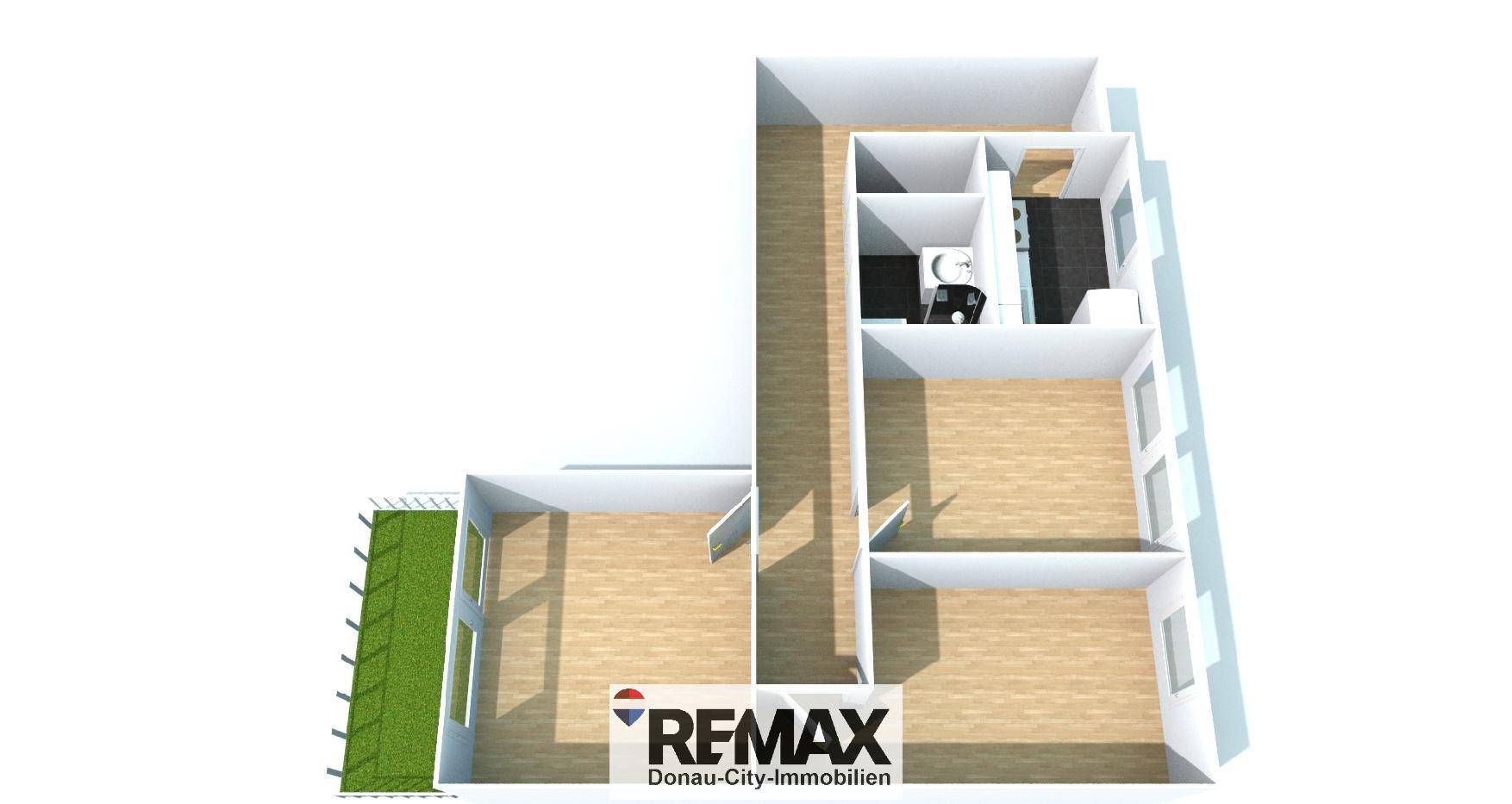3D-Grundriss einer Wohnung mit mehreren Zimmern, Holzboden und einem Balkon mit Kunstrasen.