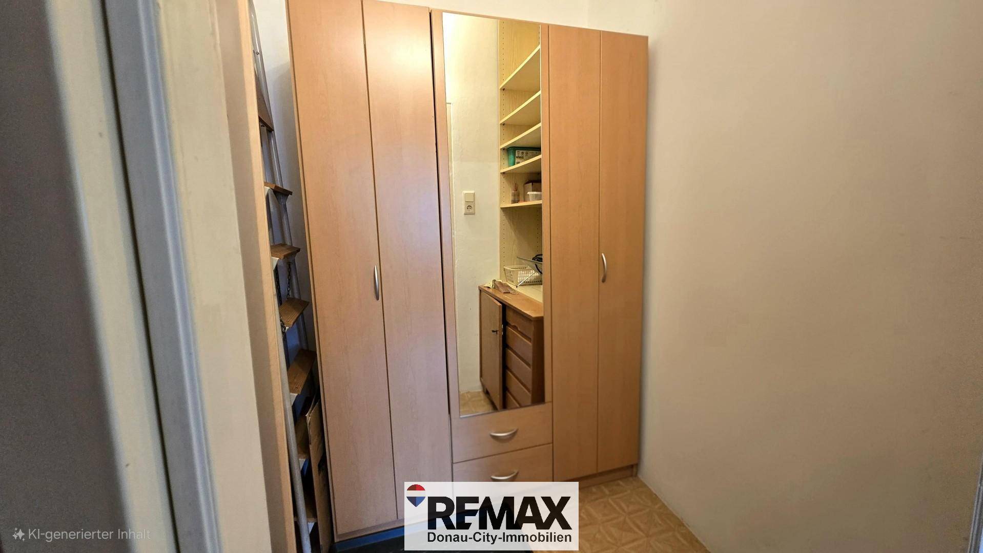 Praktischer Abstellraum mit Einbauschränken und einem Spiegelschrank für zusätzlichen Stauraum.