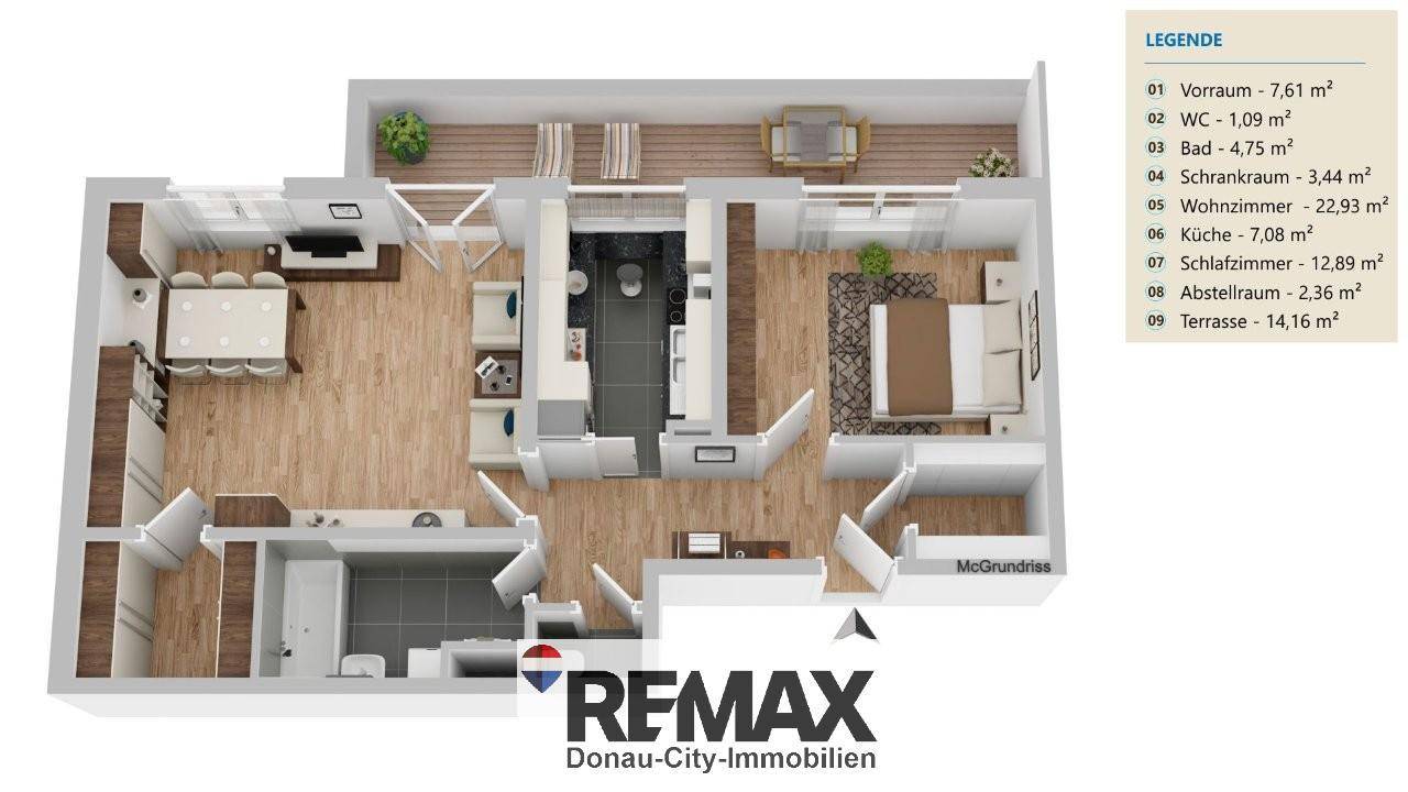 Moderner Grundriss mit offenem Wohnbereich, Schlafzimmer und großer Terrasse.