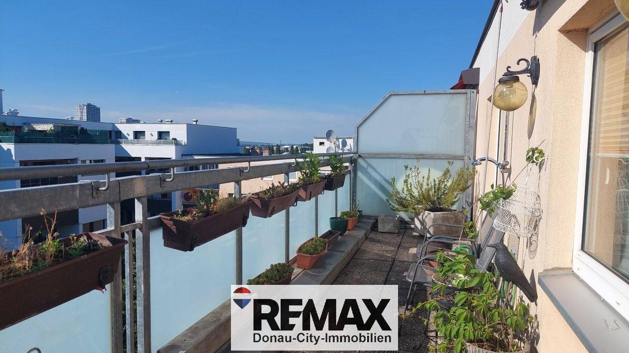 Sonniger Balkon mit Blick auf die Stadt und umliegende Gebäude, ausgestattet mit Pflanzen.