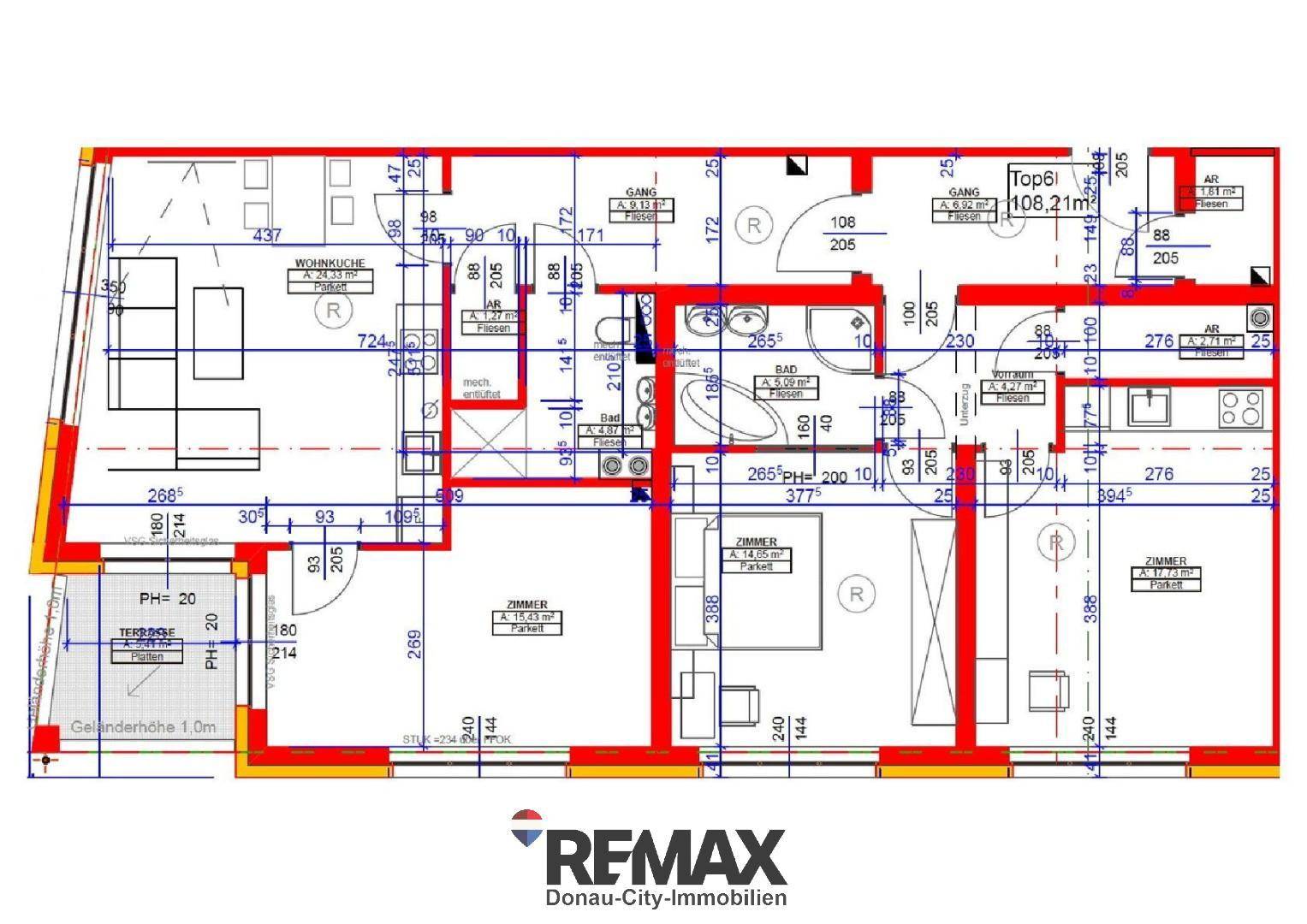 Detaillierter Grundriss einer Wohnung mit Wohnküche, Schlafzimmern und Terrasse.