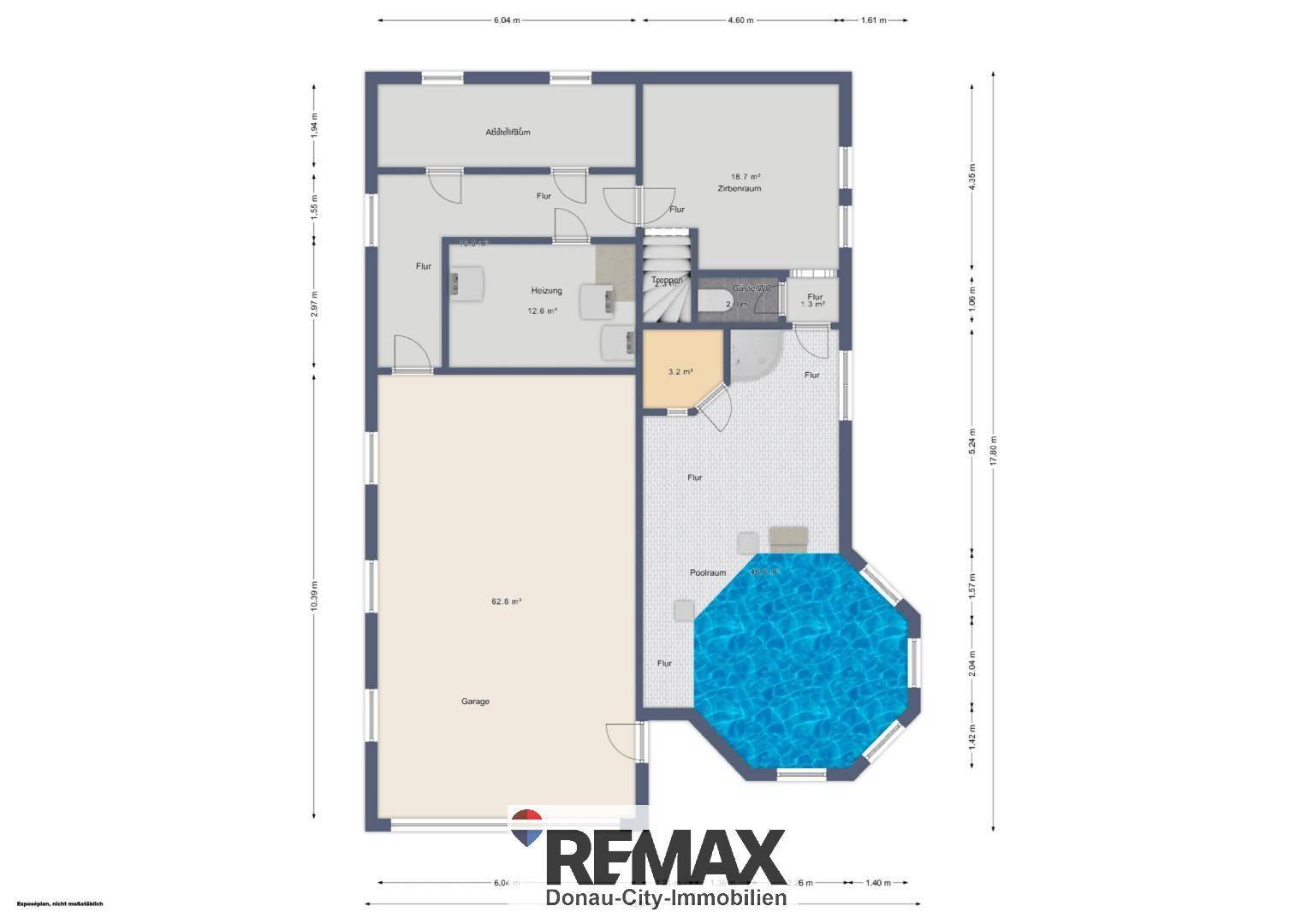 Grundriss des Untergeschosses mit Garage, Heizraum, Abstellraum und Poolbereich.