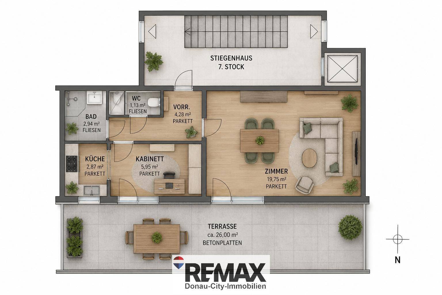 Detaillierter Grundriss der Wohnung mit Terrasse, Wohnzimmer, Küche und Bad.