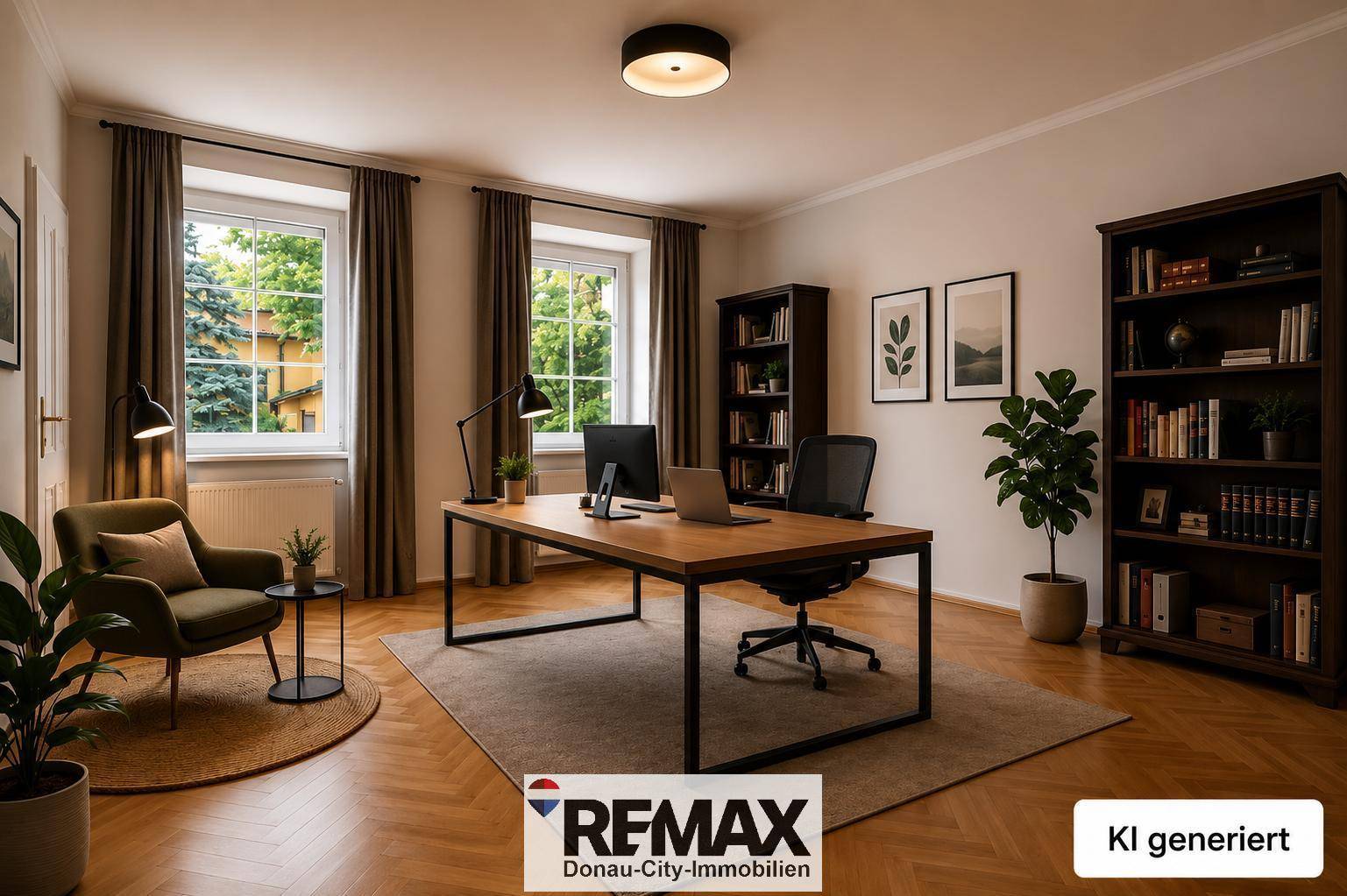 Geräumiges Arbeitszimmer mit großem Schreibtisch, Büchern und zwei Fenstern, hell und modern.