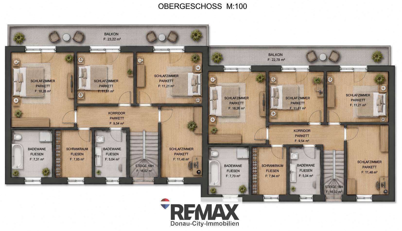 Grundriss des Obergeschosses mit Schlafzimmern, Bädern und Balkonen.