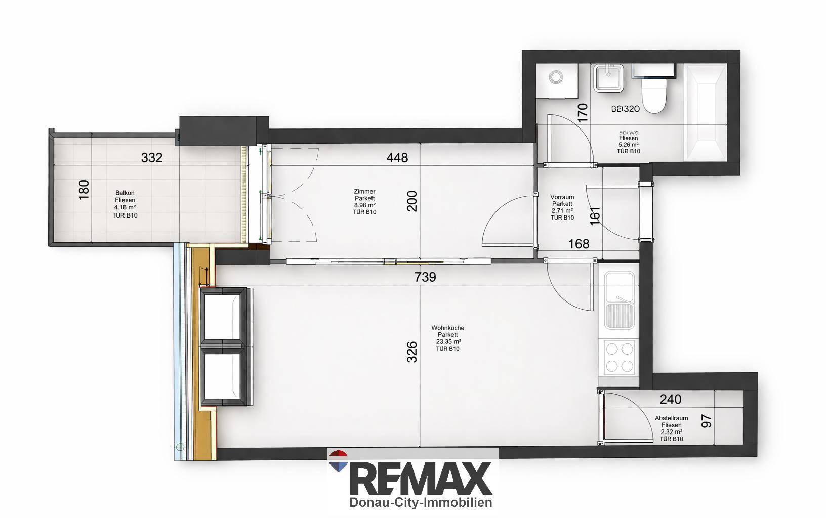 Detaillierter Grundriss einer Wohnung mit Balkon, Wohnküche und separatem Zimmer.