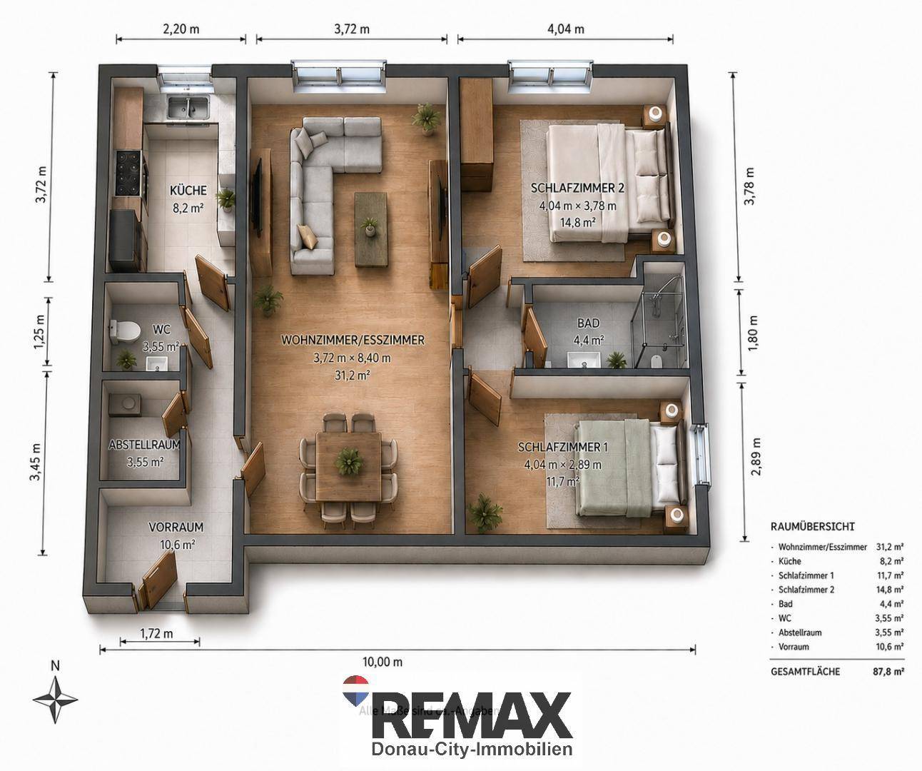 Detaillierter 3D-Grundriss einer Wohnung mit Wohn-, Ess- und Schlafbereichen.