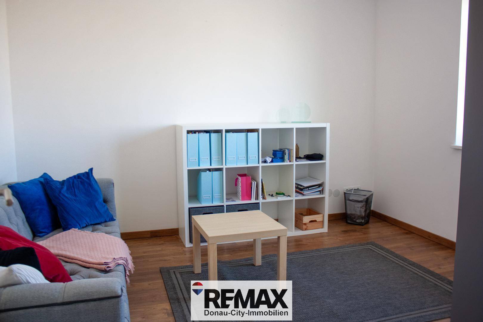 Gemütlicher Raum mit Sofa, Regal und Teppich, ideal als Gästezimmer oder Arbeitsbereich.