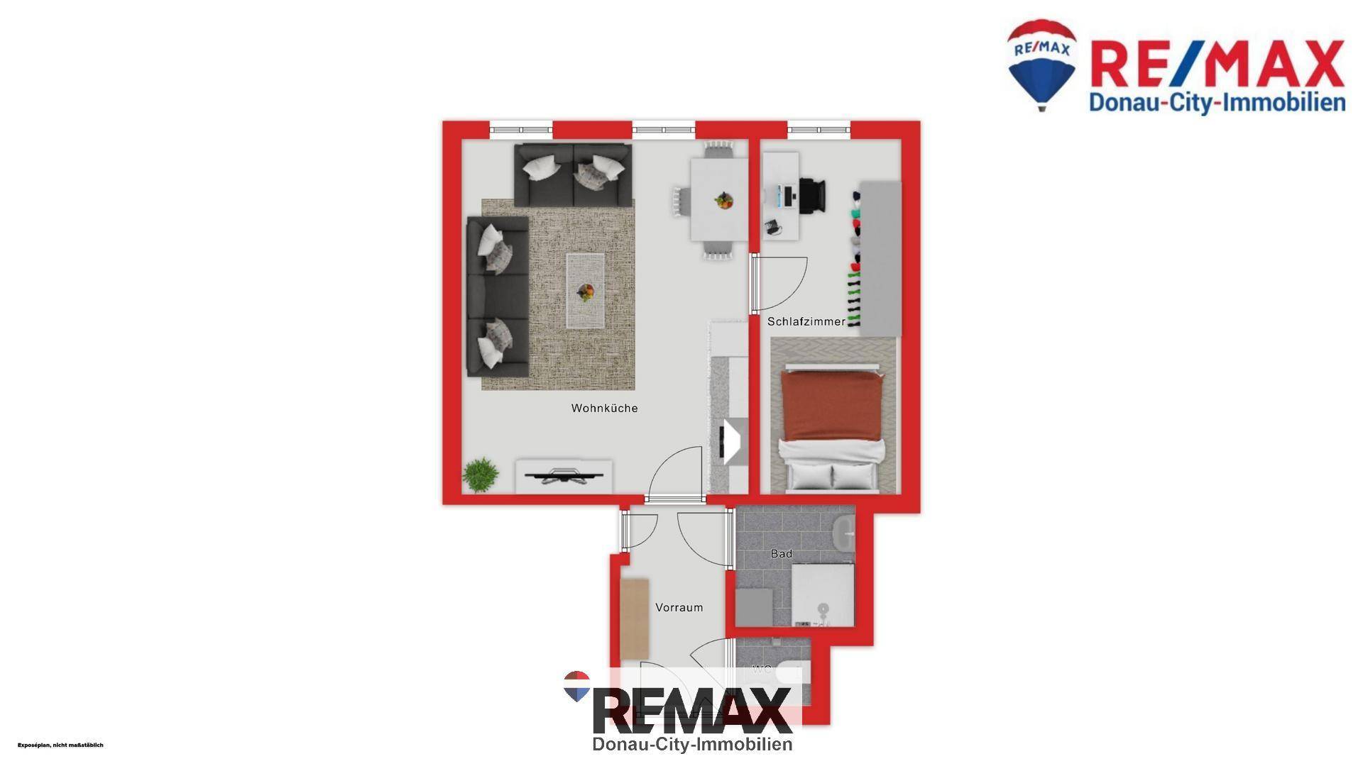 Detaillierter Grundriss einer Wohnung mit offenem Wohnbereich, Schlafzimmer und Badezimmer.