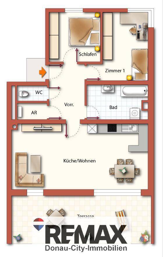 Detaillierter Grundriss einer Wohnung mit offener Küche, Wohnbereich, Schlafzimmern und Terrasse.