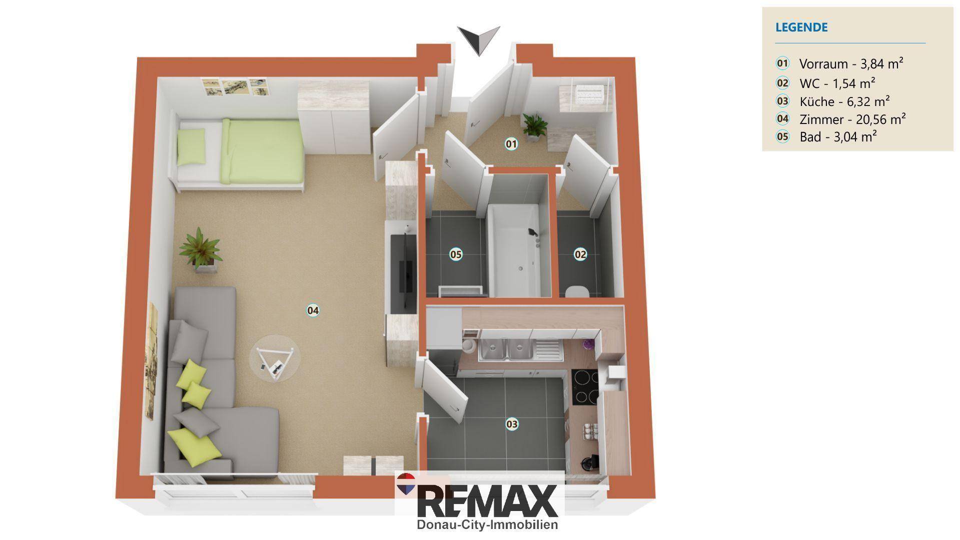 Detaillierter Grundriss einer Wohnung mit Wohnzimmer, Schlafzimmer und Bad.