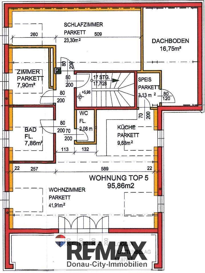 Grundriss der Wohnung Top 5 mit Schlafzimmer, Wohnzimmer, Küche und Dachboden.