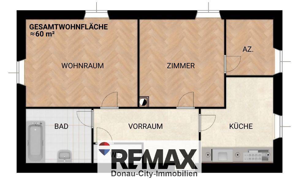 Grundriss einer Wohnung mit ca. 60 m², aufgeteilt in Wohnraum, Zimmer, Bad und Küche.