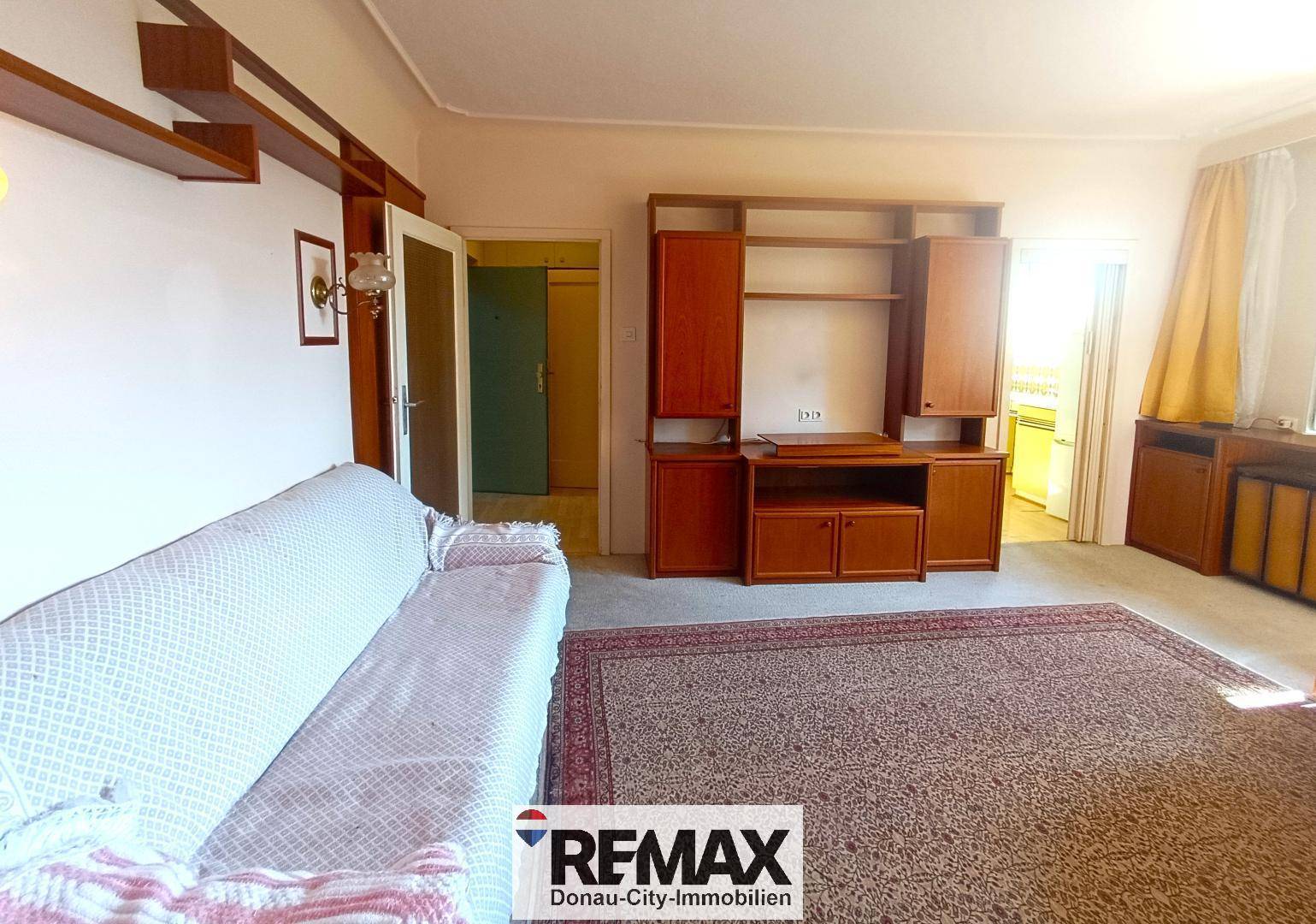 Wohnzimmer mit Sofa, Teppichboden und Holzregalen an der Wand.