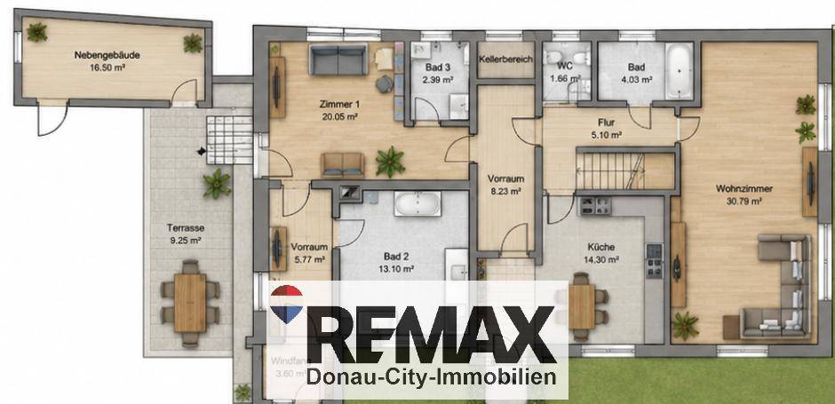 Grundriss des Erdgeschosses mit Wohnzimmer, Küche, Bädern und Zugang zur Terrasse.